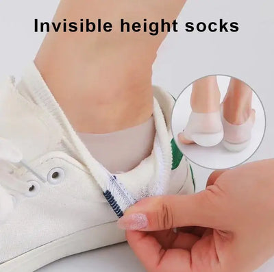 Woman inserting invisible height socks into white sneakers for discreet height boost.