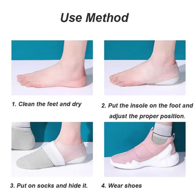 Step-by-step instructions for using Silent Height Boost Silicone Insoles: clean, place insole, put on socks, wear shoes.
