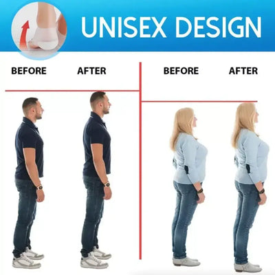 Unisex design height boost insoles showing before and after height increase for men and women.