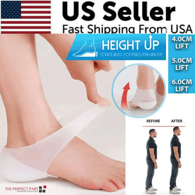 Silent Height Boost Silicone Insoles showcasing 4-6 cm lifts with before and after comparison, US seller fast shipping.