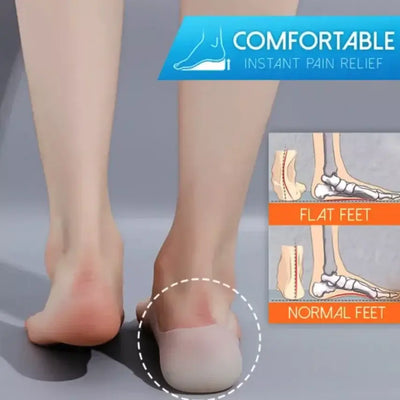 Feet wearing comfortable insoles for instant pain relief, showing support for flat and normal arches.